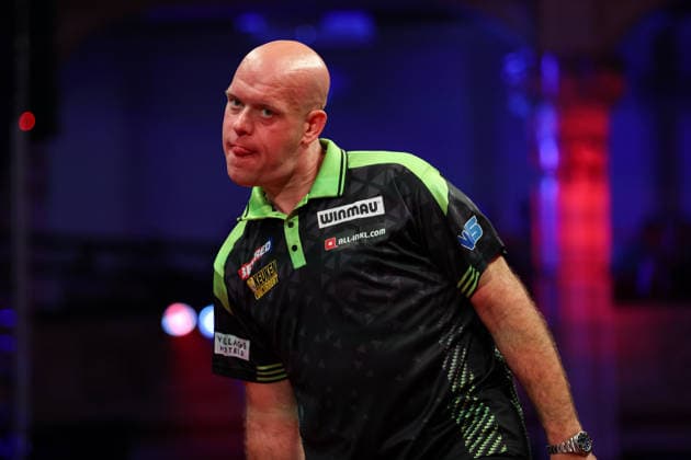 RECORD DATE NOT STATED 19th July 2026, Winter Gardens, Blackpool, Lancashire, England; 2026 Betfred World Matchplay Darts, Day Two; Michael van Gerwen reacts during his game against Andrew Gilding AidanxHunter