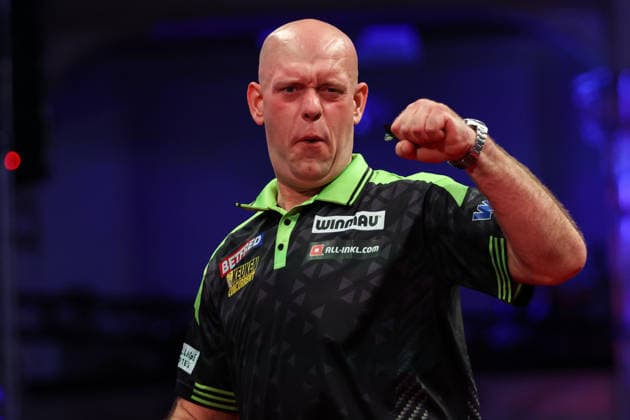 RECORD DATE NOT STATED 19th July 2026, Winter Gardens, Blackpool, Lancashire, England; 2026 Betfred World Matchplay Darts, Day Two; Michael van Gerwen celebrates after winning his game against Andrew Gilding AidanxHunter