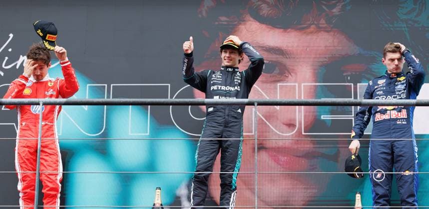Ferrari Monegasque rider Charles Leclerc, Mercedes Italian rider Kimi Antonelli and Red Bull Racing Dutch rider Max Verstappen pictured on the podium after the Grand Prix F1 of Belgium race, in Spa-Francorchamps, Sunday 19 July 2026. The Spa-Francorchamps Formula One Grand Prix takes place this weekend, from July 17th to July 19th. BENOITxDOPPAGNE  x181480213x