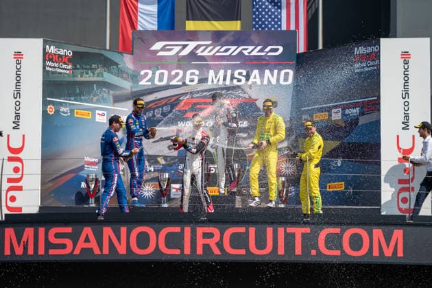 MOTORSPORTS - GT World Challenge - Misano - Round 5 Photo by IPA ABACAPRESS.COM86811068 - The overall podium featuring Kelvin VAN DER LINDE and Charles WEERTS of Team WRT, Dani JUNCADELLA and Chris LULHAM of Mercedes-AMG Team Verstappen Racing, and Lucas AUER and Maro ENGEL of Team Winward Racing during Round 5 at Misano, GT World Challenge race in Misano, Italy, on July 19, 2026 Misano Italy  Copyright: xIPAxSport ABACAx