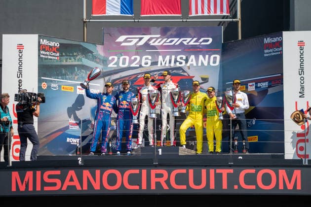 MOTORSPORTS - GT World Challenge - Misano - Round 5 Photo by IPA ABACAPRESS.COM86811085 - The overall podium featuring Kelvin VAN DER LINDE and Charles WEERTS of Team WRT, Dani JUNCADELLA and Chris LULHAM of Mercedes-AMG Team Verstappen Racing, and Lucas AUER and Maro ENGEL of Team Winward Racing during Round 5 at Misano, GT World Challenge race in Misano, Italy, on July 19, 2026 Misano Italy  Copyright: xIPAxSport ABACAx