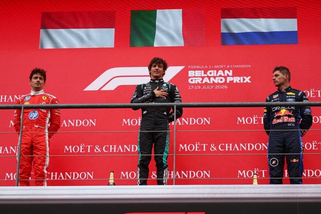 F1 Grand Prix of Belgium Andrea Kimi Antonelli of Mercedes-AMG F1 Team and Charles Leclerc of Scuderia Ferrari HP and Max Verstappen of Oracle Red Bull Racing at the end of the F1 Grand Prix of Belgium at Spa-Francorchamps on July 19, 2026 in Stavelot, Belgium. Stavelot Spa-Francorchamps Belgium Copyright: xBasilex