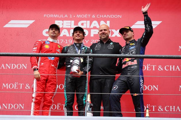 F1 Grand Prix of Belgium Andrea Kimi Antonelli of Mercedes-AMG F1 Team and Charles Leclerc of Scuderia Ferrari HP and Max Verstappen of Oracle Red Bull Racing at the end of the F1 Grand Prix of Belgium at Spa-Francorchamps on July 19, 2026 in Stavelot, Belgium. Stavelot Spa-Francorchamps Belgium Copyright: xBasilex