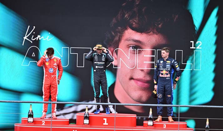 Formula 1 Belgian Grand Prix SPA, BELGIUM - JULY 19: Mercedes Italian driver Kimi Antonelli (C) wins the Belgian Grand Prix, the tenth race of the 2026 Formula 1 World Championship, WM, Weltmeisterschaft followed by Ferrari s Monegasque driver Charles Leclerc (L) in second and Red Bull Racing s Dutch driver Max Verstappen (R) in third at the Circuit de Spa-Francorchamps in Spa, Belgium on July 19, 2026. Dursun Aydemir Anadolu Spa Belgium. Editorial use only. Please get in touch for any other usage.  Copyright: x2026xAnadoluxDursunxAydemirx
