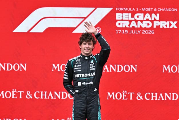 Formula 1 Belgian Grand Prix SPA, BELGIUM - JULY 19: Mercedes Italian driver Kimi Antonelli wins the Belgian Grand Prix, the tenth race of the 2026 Formula 1 World Championship, WM, Weltmeisterschaft followed by Ferrari s Monegasque driver Charles Leclerc (not seen) in second and Red Bull Racing s Dutch driver Max Verstappen (not seen) in third at the Circuit de Spa-Francorchamps in Spa, Belgium on July 19, 2026. Dursun Aydemir Anadolu Spa Belgium. Editorial use only. Please get in touch for any other usage.  Copyright: x2026xAnadoluxDursunxAydemirx
