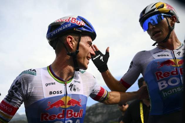 Belgian Remco Evenepoel of Red Bull-BORA-hansgrohe and German Florian Lipowitz of Red Bull-BORA-hansgrohe celebrate after winning stage 15 of the 2026 Tour de France cycling race, a stage of 184km from Champagnole to Plateau de Solaison, on Sunday 19 July 2026. The 113th edition of the Tour de France starts on Saturday 4 July in Barcelona, Spain, and will finish in Paris, France on the 26th of July. POOLxGREGORYxVANxGANSEN  x181483387x