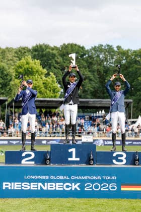 RIESENBECK - Longines Global Champions Tour of Riesenbeck 2026, RIESENBECK - Longines Global Champions Tour of Riesenbeck 2026 BETTENDORF Victor (LUX), DEUSSER Daniel (GER), KUKUK Christian (GER) Podest Siegerehrung Prize giving ceremony Longines GCT Grand Prix of Riesenbeck CSI5* - Int. jumping competition against the clock with jump-off (1.60 m) Riesenbeck, Riesenbeck International 19. July 2026 - *** RIESENBECK Longines Global Champions Tour of Riesenbeck 2026, RIESENBECK Longines Global Champions Tour of Riesenbeck 2026 BETTENDORF Victor LUX, DEUSSER Daniel GER, KUKUK Christian GER Podium Prize-giving ceremony Longines GCT Grand Prix of Riesenbeck CSI5* International show jumping competition against the clock with a jump-off 160 m Riesenbeck, Riesenbeck International July 19, 2026