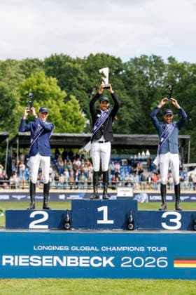 RIESENBECK - Longines Global Champions Tour of Riesenbeck 2026, RIESENBECK - Longines Global Champions Tour of Riesenbeck 2026 BETTENDORF Victor (LUX), DEUSSER Daniel (GER), KUKUK Christian (GER) Podest Siegerehrung Prize giving ceremony Longines GCT Grand Prix of Riesenbeck CSI5* - Int. jumping competition against the clock with jump-off (1.60 m) Riesenbeck, Riesenbeck International 19. July 2026 - *** RIESENBECK Longines Global Champions Tour of Riesenbeck 2026, RIESENBECK Longines Global Champions Tour of Riesenbeck 2026 BETTENDORF Victor LUX, DEUSSER Daniel GER, KUKUK Christian GER Podium Prize-giving ceremony Longines GCT Grand Prix of Riesenbeck CSI5* International show jumping competition against the clock with a jump-off 160 m Riesenbeck, Riesenbeck International July 19, 2026