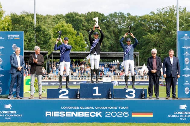 RIESENBECK - Longines Global Champions Tour of Riesenbeck 2026, RIESENBECK - Longines Global Champions Tour of Riesenbeck 2026 BETTENDORF Victor (LUX), DEUSSER Daniel (GER), KUKUK Christian (GER) Podest Siegerehrung Prize giving ceremony Longines GCT Grand Prix of Riesenbeck CSI5* - Int. jumping competition against the clock with jump-off (1.60 m) Riesenbeck, Riesenbeck International 19. July 2026 - *** RIESENBECK Longines Global Champions Tour of Riesenbeck 2026, RIESENBECK Longines Global Champions Tour of Riesenbeck 2026 BETTENDORF Victor LUX, DEUSSER Daniel GER, KUKUK Christian GER Podium Prize-giving ceremony Longines GCT Grand Prix of Riesenbeck CSI5* International show jumping competition against the clock with a jump-off 160 m Riesenbeck, Riesenbeck International July 19, 2026