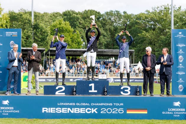RIESENBECK - Longines Global Champions Tour of Riesenbeck 2026, RIESENBECK - Longines Global Champions Tour of Riesenbeck 2026 BETTENDORF Victor (LUX), DEUSSER Daniel (GER), KUKUK Christian (GER) Podest Siegerehrung Prize giving ceremony Longines GCT Grand Prix of Riesenbeck CSI5* - Int. jumping competition against the clock with jump-off (1.60 m) Riesenbeck, Riesenbeck International 19. July 2026 - *** RIESENBECK Longines Global Champions Tour of Riesenbeck 2026, RIESENBECK Longines Global Champions Tour of Riesenbeck 2026 BETTENDORF Victor LUX, DEUSSER Daniel GER, KUKUK Christian GER Podium Prize-giving ceremony Longines GCT Grand Prix of Riesenbeck CSI5* International show jumping competition against the clock with a jump-off 160 m Riesenbeck, Riesenbeck International July 19, 2026