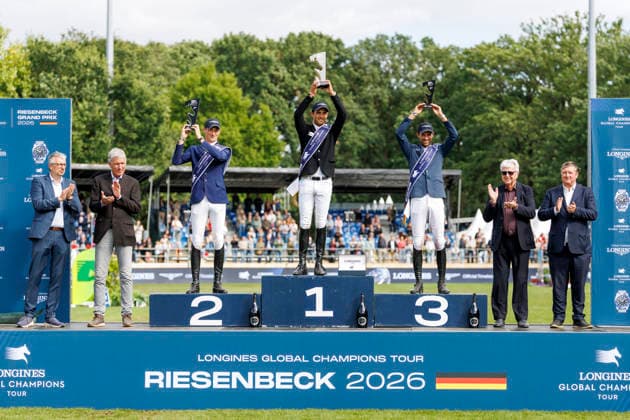 RIESENBECK - Longines Global Champions Tour of Riesenbeck 2026, RIESENBECK - Longines Global Champions Tour of Riesenbeck 2026 BETTENDORF Victor (LUX), DEUSSER Daniel (GER), KUKUK Christian (GER) Podest Siegerehrung Prize giving ceremony Longines GCT Grand Prix of Riesenbeck CSI5* - Int. jumping competition against the clock with jump-off (1.60 m) Riesenbeck, Riesenbeck International 19. July 2026 - *** RIESENBECK Longines Global Champions Tour of Riesenbeck 2026, RIESENBECK Longines Global Champions Tour of Riesenbeck 2026 BETTENDORF Victor LUX, DEUSSER Daniel GER, KUKUK Christian GER Podium Prize-giving ceremony Longines GCT Grand Prix of Riesenbeck CSI5* International jumping competition against the clock with a jump-off 160 m Riesenbeck, Riesenbeck International July 19, 2026