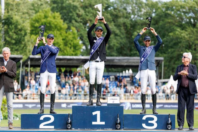 RIESENBECK - Longines Global Champions Tour of Riesenbeck 2026, RIESENBECK - Longines Global Champions Tour of Riesenbeck 2026 BETTENDORF Victor (LUX), DEUSSER Daniel (GER), KUKUK Christian (GER) Podest Siegerehrung Prize giving ceremony Longines GCT Grand Prix of Riesenbeck CSI5* - Int. jumping competition against the clock with jump-off (1.60 m) Riesenbeck, Riesenbeck International 19. July 2026 - *** RIESENBECK Longines Global Champions Tour of Riesenbeck 2026, RIESENBECK Longines Global Champions Tour of Riesenbeck 2026 BETTENDORF Victor LUX, DEUSSER Daniel GER, KUKUK Christian GER Podium Prize-giving ceremony Longines GCT Grand Prix of Riesenbeck CSI5* International jumping competition against the clock with a jump-off 160 m Riesenbeck, Riesenbeck International July 19, 2026