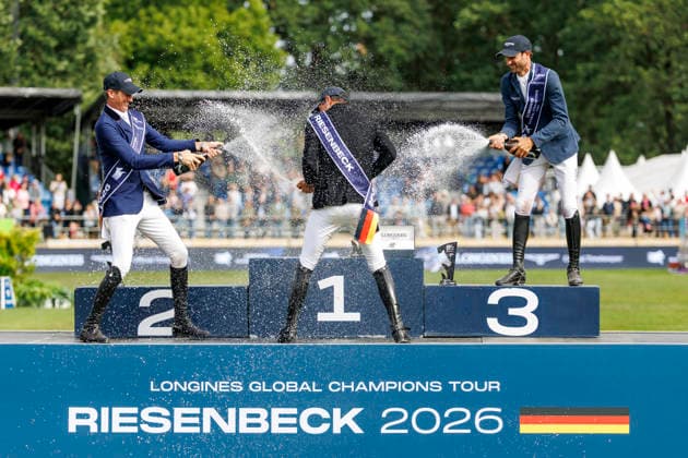 RIESENBECK - Longines Global Champions Tour of Riesenbeck 2026, RIESENBECK - Longines Global Champions Tour of Riesenbeck 2026 BETTENDORF Victor (LUX), DEUSSER Daniel (GER), KUKUK Christian (GER) Sektdusche Podest Siegerehrung Prize giving ceremony Longines GCT Grand Prix of Riesenbeck CSI5* - Int. jumping competition against the clock with jump-off (1.60 m) Riesenbeck, Riesenbeck International 19. July 2026 - *** RIESENBECK Longines Global Champions Tour of Riesenbeck 2026, RIESENBECK Longines Global Champions Tour of Riesenbeck 2026 BETTENDORF Victor LUX, DEUSSER Daniel GER, KUKUK Christian GER Sparkling wine shower Podium Prize-giving ceremony Longines GCT Grand Prix of Riesenbeck CSI5* International jumping competition against the clock with a jump-off 1 60 m Riesenbeck, Riesenbeck International July 19, 2026