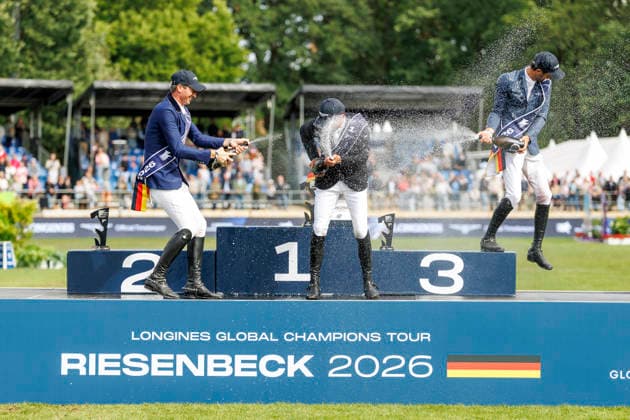 RIESENBECK - Longines Global Champions Tour of Riesenbeck 2026, RIESENBECK - Longines Global Champions Tour of Riesenbeck 2026 BETTENDORF Victor (LUX), DEUSSER Daniel (GER), KUKUK Christian (GER) Sektdusche Podest Siegerehrung Prize giving ceremony Longines GCT Grand Prix of Riesenbeck CSI5* - Int. jumping competition against the clock with jump-off (1.60 m) Riesenbeck, Riesenbeck International 19. July 2026 - *** RIESENBECK Longines Global Champions Tour of Riesenbeck 2026, RIESENBECK Longines Global Champions Tour of Riesenbeck 2026 BETTENDORF Victor LUX, DEUSSER Daniel GER, KUKUK Christian GER Sparkling wine shower Podium Prize-giving ceremony Longines GCT Grand Prix of Riesenbeck CSI5* International jumping competition against the clock with a jump-off 1 60 m Riesenbeck, Riesenbeck International July 19, 2026