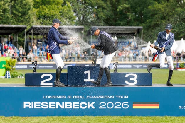 RIESENBECK - Longines Global Champions Tour of Riesenbeck 2026, RIESENBECK - Longines Global Champions Tour of Riesenbeck 2026 BETTENDORF Victor (LUX), DEUSSER Daniel (GER), KUKUK Christian (GER) Sektdusche Podest Siegerehrung Prize giving ceremony Longines GCT Grand Prix of Riesenbeck CSI5* - Int. jumping competition against the clock with jump-off (1.60 m) Riesenbeck, Riesenbeck International 19. July 2026 - *** RIESENBECK Longines Global Champions Tour of Riesenbeck 2026, RIESENBECK Longines Global Champions Tour of Riesenbeck 2026 BETTENDORF Victor LUX, DEUSSER Daniel GER, KUKUK Christian GER Sparkling wine shower Podium Prize-giving ceremony Longines GCT Grand Prix of Riesenbeck CSI5* International jumping competition against the clock with a jump-off 1 60 m Riesenbeck, Riesenbeck International July 19, 2026