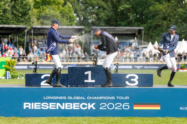 RIESENBECK - Longines Global Champions Tour of Riesenbeck 2026, RIESENBECK - Longines Global Champions Tour of Riesenbeck 2026 BETTENDORF Victor (LUX), DEUSSER Daniel (GER), KUKUK Christian (GER) Sektdusche Podest Siegerehrung Prize giving ceremony Longines GCT Grand Prix of Riesenbeck CSI5* - Int. jumping competition against the clock with jump-off (1.60 m) Riesenbeck, Riesenbeck International 19. July 2026 - *** RIESENBECK Longines Global Champions Tour of Riesenbeck 2026, RIESENBECK Longines Global Champions Tour of Riesenbeck 2026 BETTENDORF Victor LUX, DEUSSER Daniel GER, KUKUK Christian GER Sparkling wine shower Podium Prize-giving ceremony Longines GCT Grand Prix of Riesenbeck CSI5* International jumping competition against the clock with a jump-off 1 60 m Riesenbeck, Riesenbeck International July 19, 2026