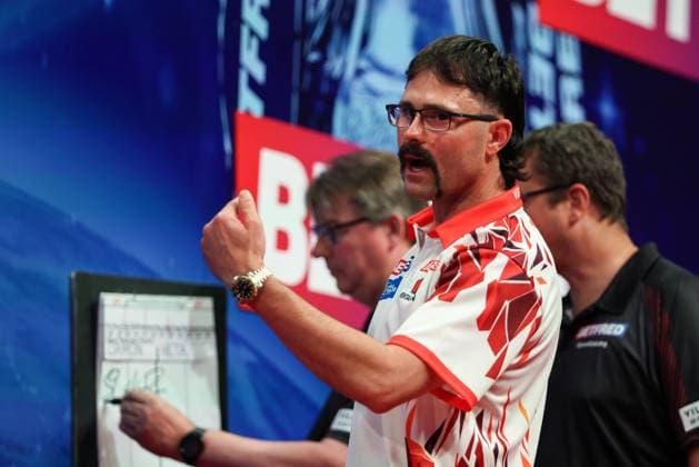 RECORD DATE NOT STATED 19th July 2026, Winter Gardens, Blackpool, Lancashire, England; 2026 Betfred World Matchplay Darts, Day Two; Damon Heta reacts after winning a leg in his match against Jonny Clayton AidanxHunter