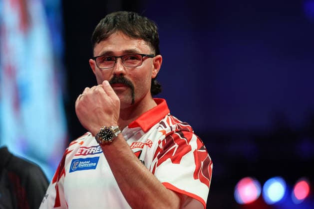 RECORD DATE NOT STATED 19th July 2026, Winter Gardens, Blackpool, Lancashire, England; 2026 Betfred World Matchplay Darts, Day Two; Damon Heta reacts after winning a leg in his match against Jonny Clayton AidanxHunter