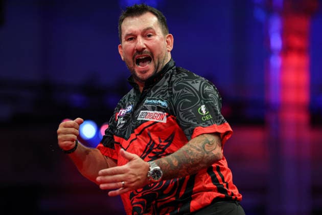RECORD DATE NOT STATED 19th July 2026, Winter Gardens, Blackpool, Lancashire, England; 2026 Betfred World Matchplay Darts, Day Two; Jonny Clayton reacts after winning a leg in his match against Damon Heta AidanxHunter