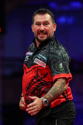 RECORD DATE NOT STATED 19th July 2026, Winter Gardens, Blackpool, Lancashire, England; 2026 Betfred World Matchplay Darts, Day Two; Jonny Clayton reacts after winning a leg in his match against Damon Heta AidanxHunter