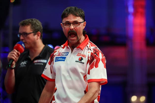 RECORD DATE NOT STATED 19th July 2026, Winter Gardens, Blackpool, Lancashire, England; 2026 Betfred World Matchplay Darts, Day Two; Damon Heta reacts during his match against Jonny Clayton AidanxHunter
