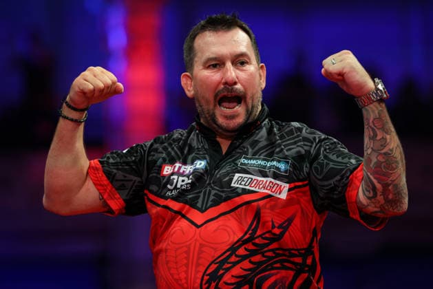 RECORD DATE NOT STATED 19th July 2026, Winter Gardens, Blackpool, Lancashire, England; 2026 Betfred World Matchplay Darts, Day Two; Jonny Clayton celebrates after winning his game against Damon Heta AidanxHunter