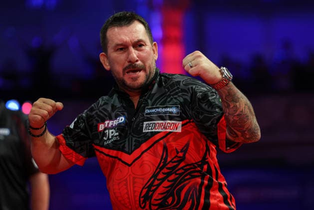 RECORD DATE NOT STATED 19th July 2026, Winter Gardens, Blackpool, Lancashire, England; 2026 Betfred World Matchplay Darts, Day Two; Jonny Clayton celebrates after winning his game against Damon Heta AidanxHunter
