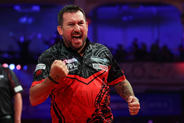 RECORD DATE NOT STATED 19th July 2026, Winter Gardens, Blackpool, Lancashire, England; 2026 Betfred World Matchplay Darts, Day Two; Jonny Clayton celebrates after winning his game against Damon Heta AidanxHunter