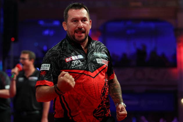 RECORD DATE NOT STATED 19th July 2026, Winter Gardens, Blackpool, Lancashire, England; 2026 Betfred World Matchplay Darts, Day Two; Jonny Clayton celebrates after winning his game against Damon Heta AidanxHunter