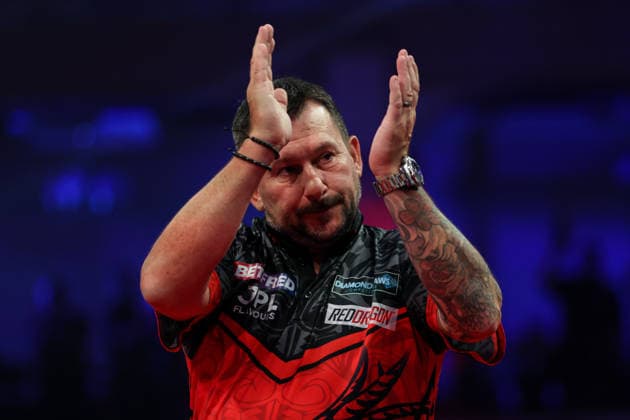 RECORD DATE NOT STATED 19th July 2026, Winter Gardens, Blackpool, Lancashire, England; 2026 Betfred World Matchplay Darts, Day Two; Jonny Clayton celebrates after winning his game against Damon Heta AidanxHunter
