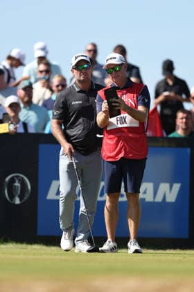RECORD DATE NOT STATED 19th July 2026; Royal Birkdale Golf Club, Southport, Merseyside, England; The Open Championship Final Day; Ryan Fox (NZ) consults his caddie at the 9th hole DavidxBlunsden