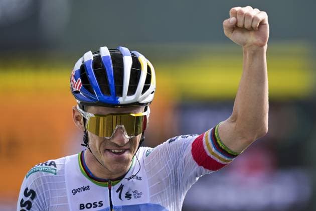 Belgian Remco Evenepoel of Red Bull-BORA-hansgrohe celebrates after winning stage 15 of the 2026 Tour de France cycling race, a stage of 184km from Champagnole to Plateau de Solaison, on Sunday 19 July 2026. The 113th edition of the Tour de France starts on Saturday 4 July in Barcelona, Spain, and will finish in Paris, France on the 26th of July. DAVIDxPINTENS  x181487386x