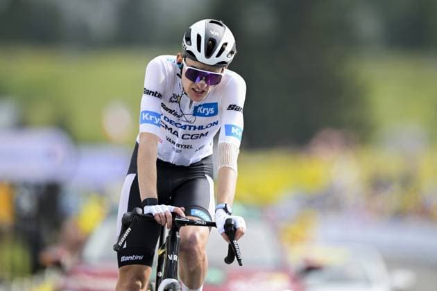 French Paul Seixas of Decathlon CMA CGM Team crosses the finish line of stage 15 of the 2026 Tour de France cycling race, a stage of 184km from Champagnole to Plateau de Solaison, on Sunday 19 July 2026. The 113th edition of the Tour de France starts on Saturday 4 July in Barcelona, Spain, and will finish in Paris, France on the 26th of July. DAVIDxPINTENS  x181487459x