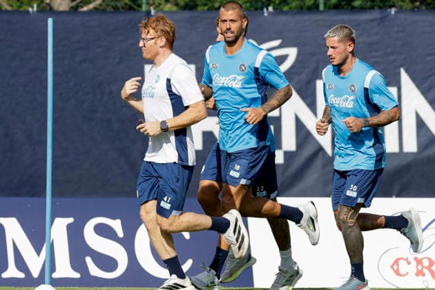 SSC Napoli preseason 2026-27 Napoli s Italian defender Leonardo Spinazzola and Napoli s Italian defender Pasquale Mazzocchi during third day SSC Napoli s 2026-27 preseason training camp in val di sole in Trentino, Dimaro Folgarida July, 19 2026. _BPH3327 Copyright: xAntonioxBalascox