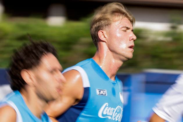 SSC Napoli preseason 2026-27 Napoli s Danish forward Rasmus Hojlund during third day SSC Napoli s 2026-27 preseason training camp in val di sole in Trentino, Dimaro Folgarida July, 19 2026. _BPH4021 Copyright: xAntonioxBalascox