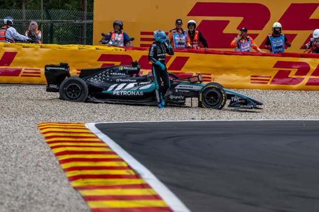 STAVELOT, BELGIUM: George Russell, racing for the Mercedes team during the 2026 Formula 1 Belgian Grand Prix at the Circuit de Spa-Francorchamps in Stavelot, Belgium