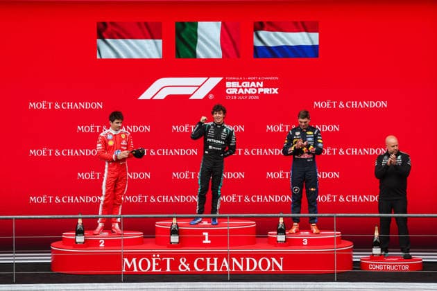 F1 - BELGIAN GRAND PRIX 2026 podium LECLERC Charles (mco), Scuderia Ferrari SF-26, KIMI ANTONELLI Andrea (ita), Mercedes AMG F1 Team W16, VERSTAPPEN Max (nld), Red Bull Racing Ford RB22, portrait during the Formula 1 Belgian Grand Prix 2026, 10th round of the 2026 Formula One World Championship, WM, Weltmeisterschaft from July 17 to 19, 2026 on the Circuit de Spa-Francorchamps, in Stavelot, Belgium - StavelotBelgium  Copyright: xANTONINxVINCENTx