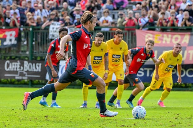 Genoa™s Lorenzo Colombo shoots and scores a penalty during the friendly match between Genoa and Trento at the Cesare Benatti Stadium in Moena, Italy - Sunday, July 19, 2026. - Soccer .  Copyright: xTanoxPecoraro LaPressex