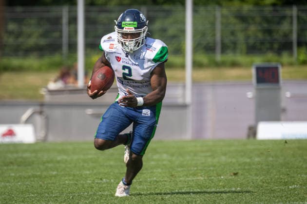 J˜vonte Davis (Straubing Spiders, 02 Running Back) ifm Razorbacks Ravensburg vs Straubing Spiders, American Football, German Football League, Week 11, 2026, 19.07.2026, Weingarten TeleData Stadion am Lindenhof Baden Württemberg Germany Copyright: xFootxBowl SebastianxJustx
