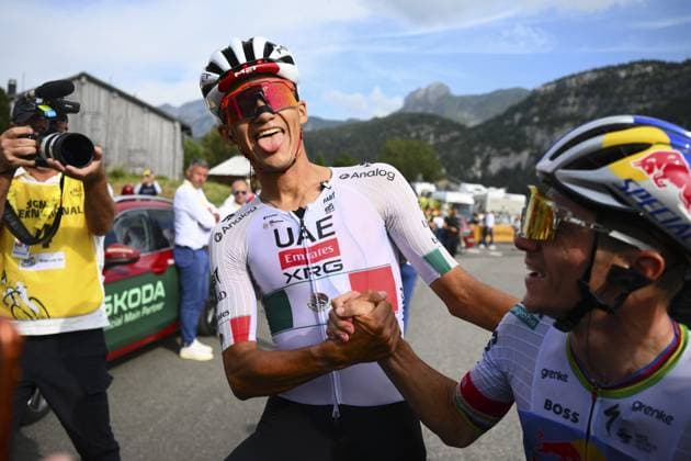 Mexican Isaac Del Toro of UAE Team Emirates XRG and Belgian Remco Evenepoel of Red Bull-BORA-hansgrohe pictured after stage 15 of the 2026 Tour de France cycling race, a stage of 184km from Champagnole to Plateau de Solaison, on Sunday 19 July 2026. The 113th edition of the Tour de France starts on Saturday 4 July in Barcelona, Spain, and will finish in Paris, France on the 26th of July. POOLxGREGORYxVANxGANSEN  x181489135x