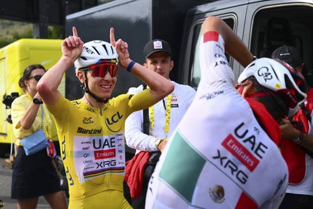 Slovenian Tadej Pogacar of UAE Team Emirates XRG and Mexican Isaac Del Toro of UAE Team Emirates XRG pictured after stage 15 of the 2026 Tour de France cycling race, a stage of 184km from Champagnole to Plateau de Solaison, on Sunday 19 July 2026. The 113th edition of the Tour de France starts on Saturday 4 July in Barcelona, Spain, and will finish in Paris, France on the 26th of July. POOLxGREGORYxVANxGANSEN  x181489154x