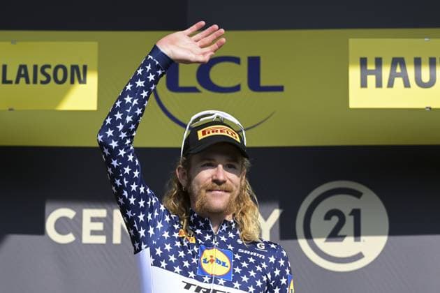 American Quinn Simmons of Lidl-Trek pictured on the podium after stage 15 of the 2026 Tour de France cycling race, a stage of 184km from Champagnole to Plateau de Solaison, on Sunday 19 July 2026. The 113th edition of the Tour de France starts on Saturday 4 July in Barcelona, Spain, and will finish in Paris, France on the 26th of July. DAVIDxPINTENS  x181489500x