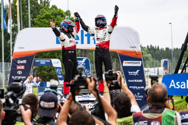 MOTORSPORTS - Rally - WRC, Motorsport Rallye, WM Delfi Rally Estonia Photo by IPA ABACAPRESS.COM86815173 - ,Driver Sami Pajari and Co-Driver Marko Salminen of the Toyota Gazoo Racing WRT team, driving a Toyota GR Yaris Rally1, celebrate their final podium finish during the FIA World Rally Championship (WRC) Delfi Rally Estonia 2026 on July 19 in Tartu, Estonia Estonia Estonia  Copyright: xIPAxSport ABACAx