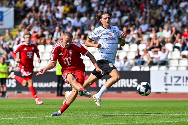 Testspiel; SSV Ulm 1846 Fussball - FC Bayern München II; 19.07.2026 ULM, GERMANY - 19. July: in dieser Szene erzielt YIL GASHI (FC Bayern München 20) den Treffer zum 1-3 Tor Torschuetze Freude Happy während dem Testspiel zwischen dem SSV 1846 Ulm Fussball und den Amateuren des FC Bayern München im Donaustadion *** Friendly Match: SSV Ulm 1846 vs. FC Bayern Munich II, July 19, 2026, ULM, GERMANY July 19: In this scene, YIL GASHI of FC Bayern Munich 20 scores the goal to make it 1–3. The goal scorer celebrates happily during the friendly match between SSV 1846 Ulm and the amateurs of FC Bayern Munich at the Donaustadion. Copyright: xBEAUTIFULxSPORTS Goldbergx