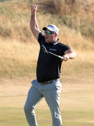 New Zealand s Ryan Fox celebrates victory at the 154th Open Championship at Royal Birkdale in Southport, on Sunday, July 19, 2026. Cox won the tournament with a score of ten under par.  LON2026071906 HUGOxPHILPOTT