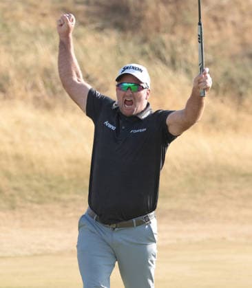 New Zealand s Ryan Fox celebrates victory at the 154th Open Championship at Royal Birkdale in Southport, on Sunday, July 19, 2026. Cox won the tournament with a score of ten under par.  LON2026071907 HUGOxPHILPOTT