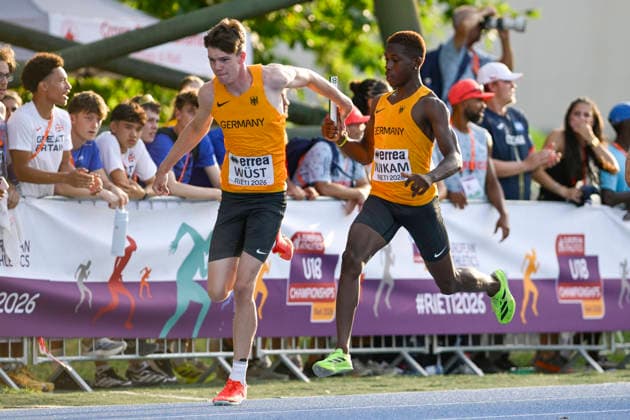 Fabian WUEST (Germany, Eintracht Duisburg, Medley Staffel); Sidwell NJIKAM (Germany, ABC Ludwigshafen, Medley Staffel) ITA, European Atheltics U18 Championships, Athletics, 19.07.2026, ITA, European Atheltics U18 Championships, Athletics, 19.07.2026, *** Fabian WUEST, Germany, Eintracht Duisburg, Medley Relay; Sidwell NJIKAM, Germany, ABC Ludwigshafen, Medley Relay; ITA, European Athletics U18 Championships, Athletics, July 19, 2026, ITA, European Athletics U18 Championships, Athletics, July 19, 2026, Copyright: xEibnerxPressefoto JanxPapenfussx EP_JPS
