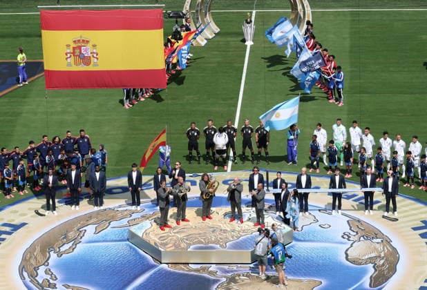 FIFA World Cup, WM, Weltmeisterschaft, Fussball 2026 final - Spain vs Argentina Spanish Brass perform the Spanish national anthem ahead of the FIFA World Cup 2026 final match Spain against Argentina, in New Jersey, USA, 19 July 2026. EAST RUTHERFORD United States  Copyright: xSARAHxYENESELx