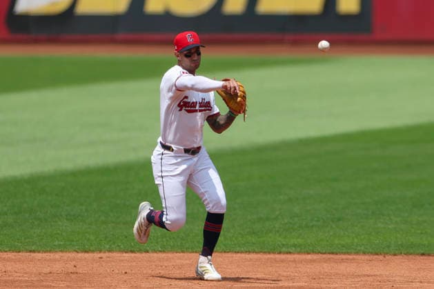 July 19, 2026: Cleveland Guardians shortstop Brayan Rocchio (4) throws the ball to first base for an out during the second inning of the Major League Baseball game between the Pittsburgh Pirates and Cleveland Guardians at Progressive Field in Cleveland, Ohio. CSM Cleveland United States of America - ZUMAc04_ 20260719_zma_c04_008 Copyright: xBrianxFisherx