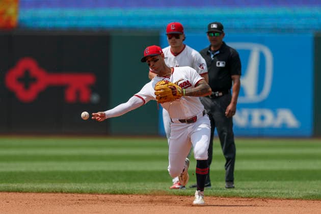 July 19, 2026: Cleveland Guardians shortstop Brayan Rocchio (4) throws a ball to first base for an out during the fourth inning of the Major League Baseball game between the Pittsburgh Pirates and Cleveland Guardians at Progressive Field in Cleveland, Ohio. CSM Cleveland United States of America - ZUMAc04_ 20260719_zma_c04_009 Copyright: xBrianxFisherx